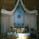 Inside the Vissarionite temple, decorated by the ladies of the community.